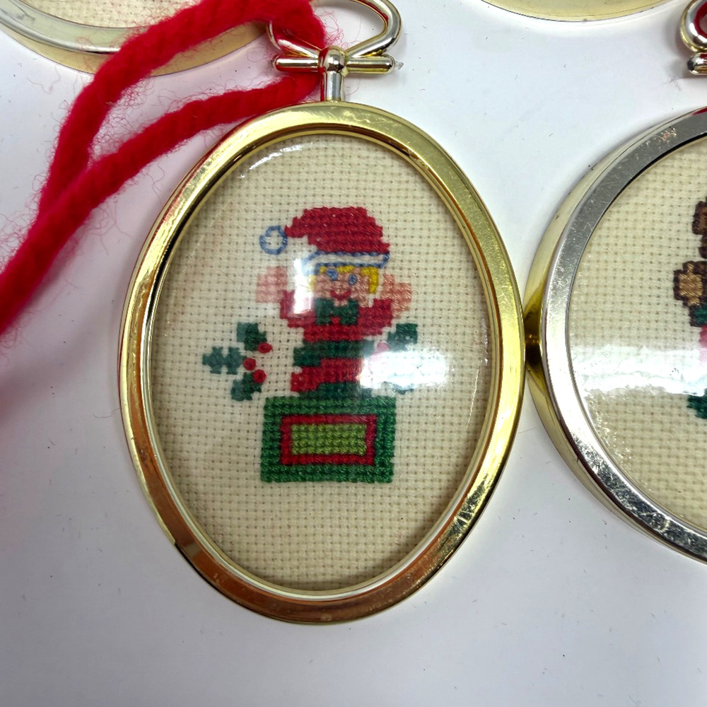 Lot of 5 Handmade Cross Stitch Christmas Ornaments Metal Frames Vintage - Picture 2 of 10
